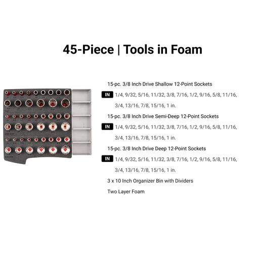 Main product image of 3/8" Drive Shallow, Semi-Deep, and Deep 12-Point Socket Set w/ Open Top Drawer and Rack, 45-Piece (1/4"- 1")