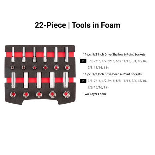 Main product image of 1/2" Drive Shallow and Deep 6-Point Socket Set w/ Open Top Drawer and Rack, 22-Piece (3/8"- 1")