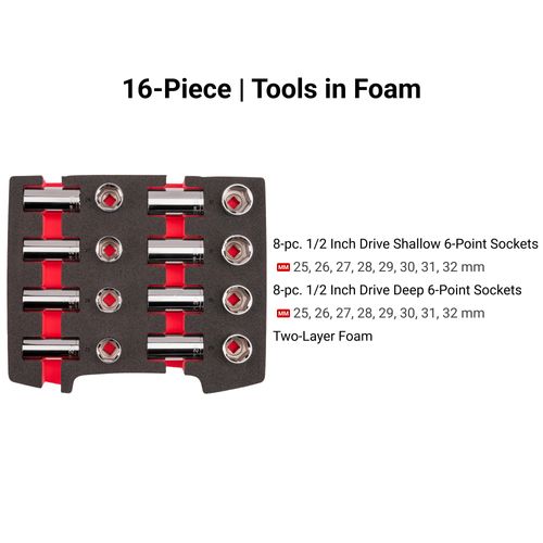 Main product image of 1/2" Drive Shallow and Deep 6-Point Socket Set w/ Open Top Drawer and Rack, 16-Piece (25 - 32mm)