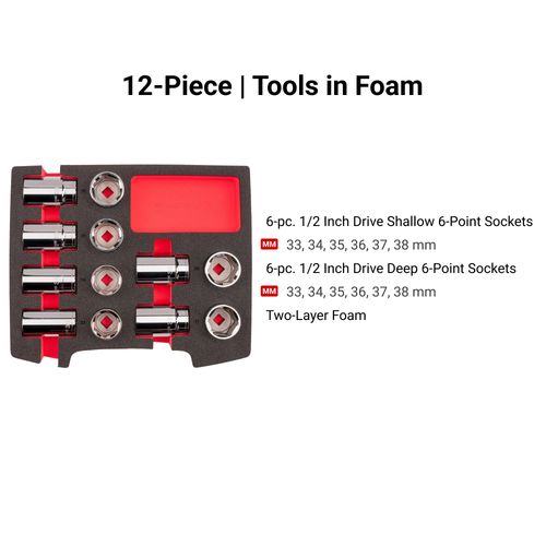 Main product image of 1/2" Drive Shallow and Deep 6-Point Socket Set w/ Open Top Drawer and Rack, 12-Piece (33 - 38mm)