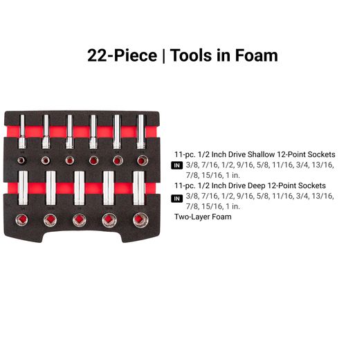 Main product image of 1/2" Drive Shallow and Deep 12-Point Socket Set w/ Open Top Drawer and Rack, 22-Piece (3/8"- 1")