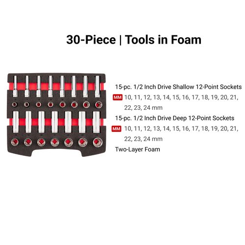 Main product image of 1/2" Drive Shallow and Deep 12-Point Socket Set w/ Open Top Drawer and Rack, 30-Piece (10 - 24mm)