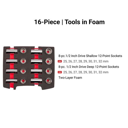 Main product image of 1/2" Drive Shallow and Deep 12-Point Socket Set w/ Open Top Drawer and Rack, 16-Piece (25 - 32mm)