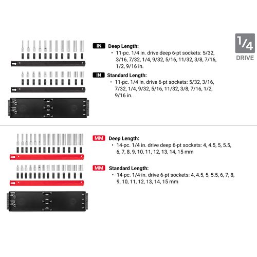 Main product image of 1/4, 3/8, 1/2" Drive 12-Point Socket Set with Rails (214-Piece)