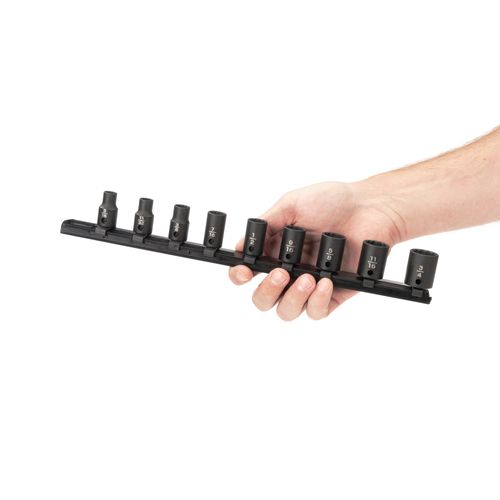 Main product image of 3/8" Drive 12-Point Impact Socket Set with Rail, 9-Piece (5/16-3/4")