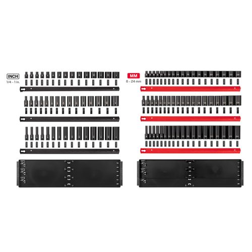 Main product image of 3/8" Drive Shallow, Semi-Deep, and Deep 6-Point Impact Socket Set w/ Rails and Trays, 102-Piece (1/4"- 1", 6 - 24mm)