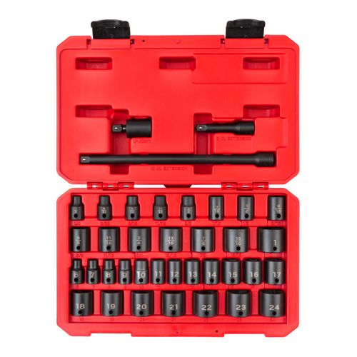 Main product image of 3/8" Drive 6-Point Impact Socket Set, 37-Piece (1/4-1", 6-24mm)