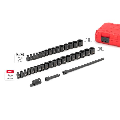 Main product image of 3/8" Drive 6-Point Impact Socket Set, 37-Piece (1/4-1", 6-24mm)