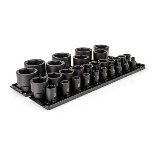 Main product image of 1/2" Drive 6-Point Impact Socket Set with Rails and Tray, 29 Pieces (5/16" - 2")