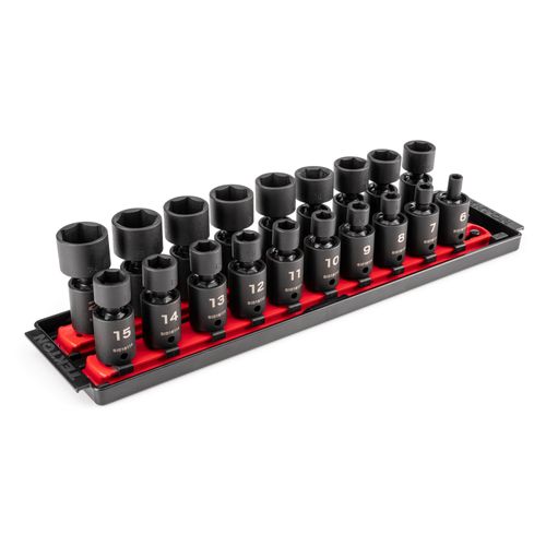 Main product image of 3/8" Drive 6-Point Universal Joint Impact Socket Set with Rails and Tray, 19-Piece (6-24 mm)