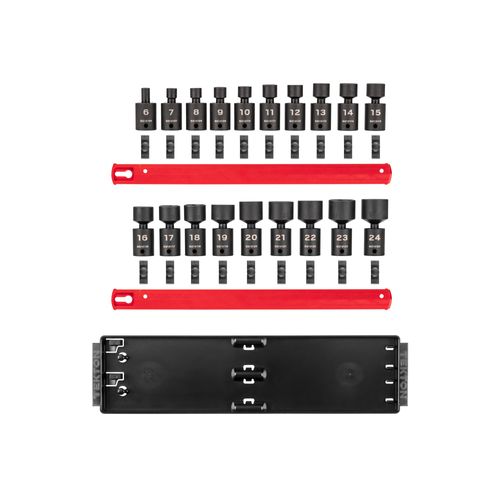 Main product image of 3/8" Drive 6-Point Universal Joint Impact Socket Set with Rails and Tray, 19-Piece (6-24 mm)