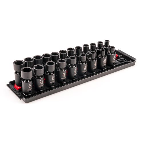 Main product image of 3/8" Drive 6-Point Universal Joint Impact Socket Set with Rails and Tray, 21-Piece (5/16-3/4", 8-19 mm)