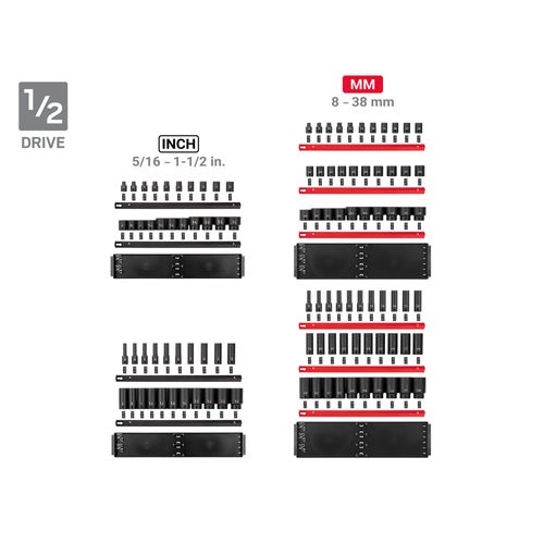 Main product image of 1/4, 3/8, 1/2" Drive 6-Point Impact Socket Set with Rails and Trays, 230-Piece (5/32 - 1-1/2", 4-38 mm)