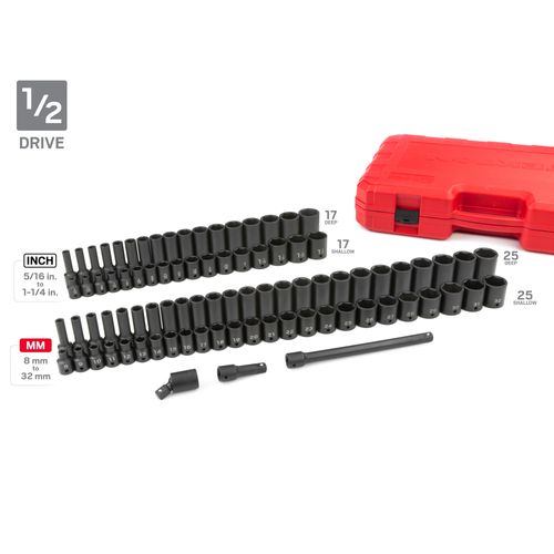 Main product image of 1/4, 3/8, 1/2" Drive 6-Point Impact Socket Set with Cases, 220-Piece (5/32 - 1-1/4", 4 - 32 mm)