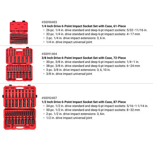 Main product image of 1/4, 3/8, 1/2" Drive 6-Point Impact Socket Set with Cases, 220-Piece (5/32 - 1-1/4", 4 - 32 mm)
