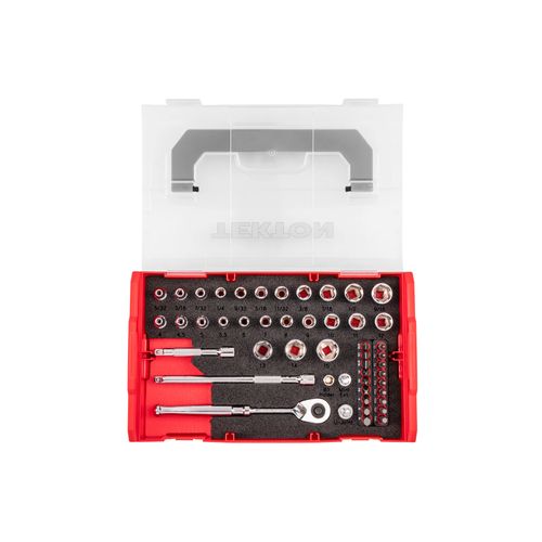 Main product image of 1/4" Drive 6-Point Socket, Bit, and Ratchet Set w/ Mini Stacking Tool Box, 49-Piece (5/32"- 9/16", 4 - 15mm)