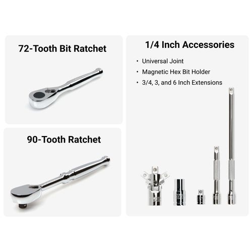 Main product image of 1/4" Drive 6-Point Small Engine Shallow Socket, Bit, and Non-Quick-Release Ratchet Set w/ Case (50-Piece)