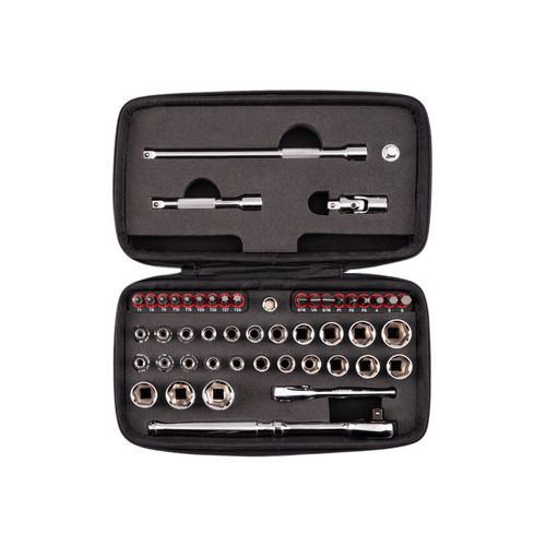 Main product image of 1/4" Drive 6-Point Small Engine Shallow Socket, Bit, and Quick-Release Ratchet Set w/ Case (50-Piece)