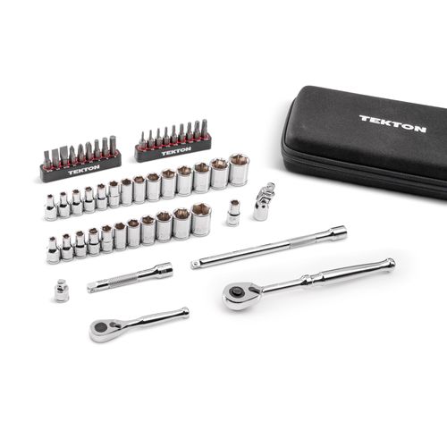 Main product image of 1/4" Drive 6-Point Small Engine Shallow Socket, Bit, and Quick-Release Ratchet Set w/ Case (50-Piece)