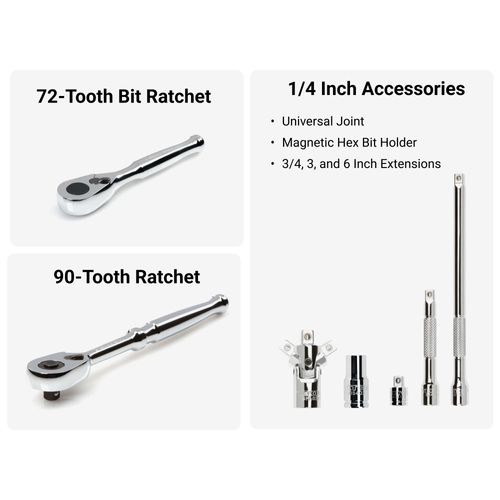 Main product image of 1/4" Drive 6-Point Small Engine Shallow Socket, Bit, and Quick-Release Ratchet Set w/ Case (50-Piece)