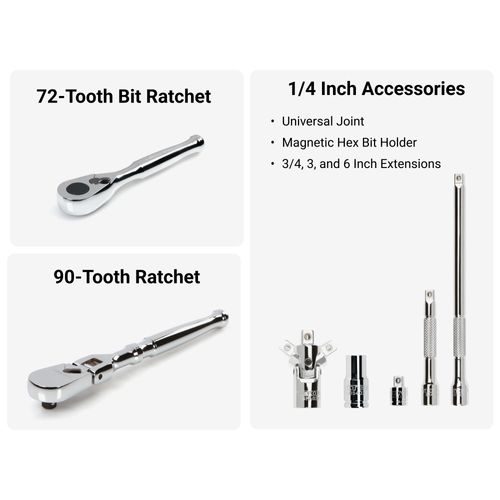 Main product image of 1/4" Drive 6-Point Small Engine Shallow Socket, Bit, and Flex Head Non-Quick-Release Ratchet Set w/ Case (50-Piece)