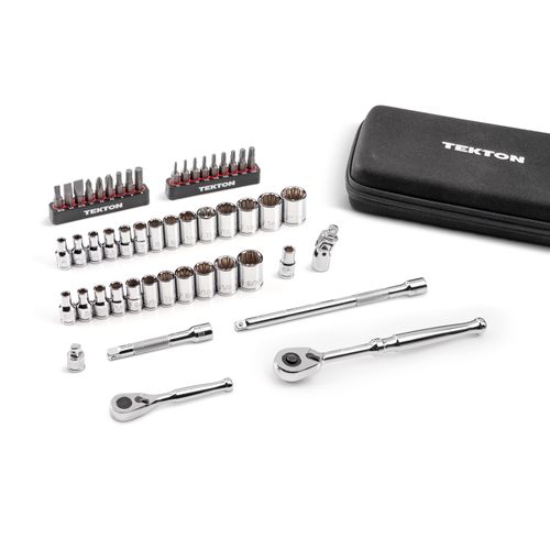 Main product image of 1/4" Drive 12-Point Small Engine Shallow Socket, Bit, and Quick Release Ratchet Set w/ Case (50-Piece)