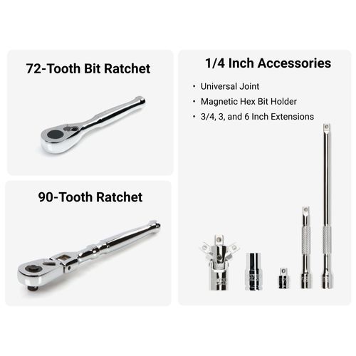 Main product image of 1/4" Drive 12-Point Small Engine Shallow Socket, Bit and Flex Head Quick-Release Ratchet Set w/ Case (50-Piece)