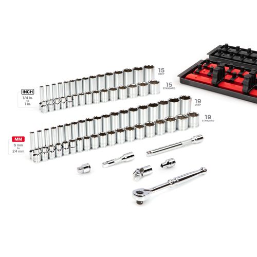 Main product image of 3/8" Drive 6-Point Socket and Ratchet Set with Rails, 74-Piece (1/4-1", 6-24mm)