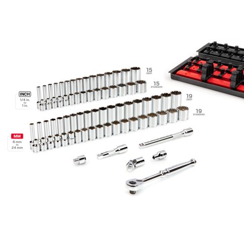 Main product image of 3/8" Drive 12-Point Socket and Ratchet Set with Rails, 74-Piece (1/4-1", 6-24mm)