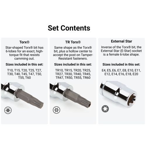 Main product image of 3/8" Drive Torx/TR Torx Bit & External Star Socket Set, 36-Piece (T10-T60, TR10-TR60, E4-E20)