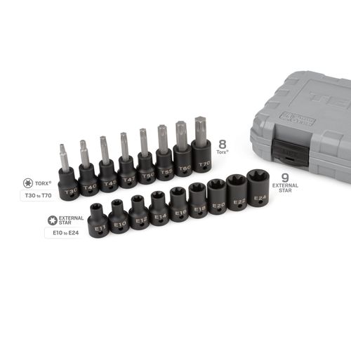 Main product image of 1/2" Drive Torx and External Star Impact Socket Set, 17-Piece (T30-T70, E10-E24)