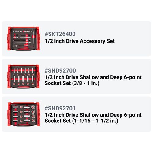 Main product image of 1/2" Drive Shallow and Deep 6-Point Socket and Ratchet Set in Modular Stacking Tool Cart, 109-Piece (3/8"- 1-1/2", 10 - 38mm)