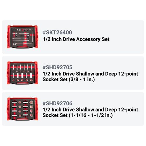 Main product image of 1/2" Drive Shallow and Deep 12-Point Socket and Ratchet Set in Modular Stacking Tool Cart, 109-Piece (3/8"- 1-1/2", 10 - 38mm)
