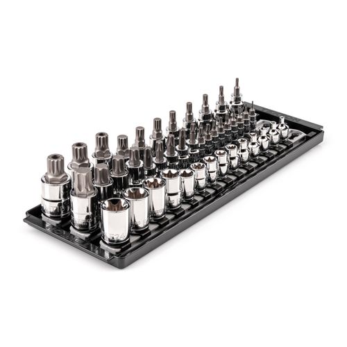 Main product image of 1/4", 3/8", 1/2" Drive German Auto Torx, Triple Square, TR Triple Square Bit and External Star Socket Set w/ Rails (43-Piece)