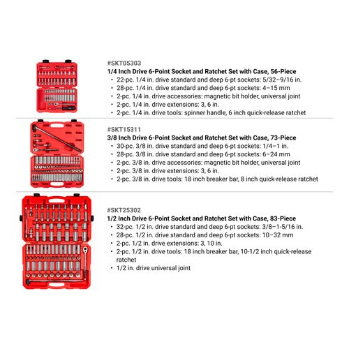 Main product image of 1/4, 3/8, 1/2" Drive 6-Point Socket and Ratchet Set (212-Piece)