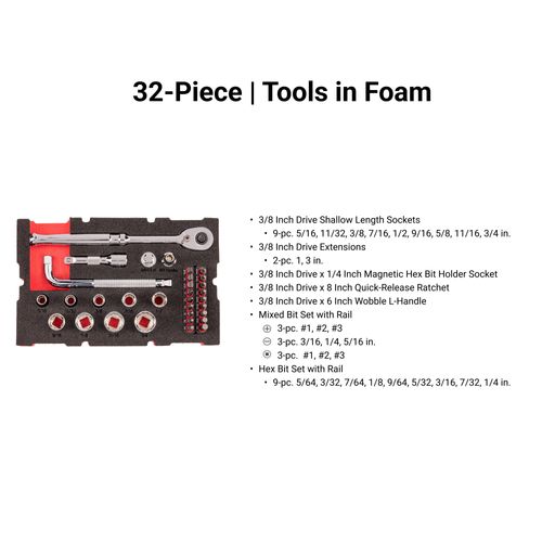 Main product image of 3/8" Drive 12-Point Socket, Bit, and Ratchet Set w/ Mini Stacking Tool Box, 32-Piece (5/16"- 3/4")