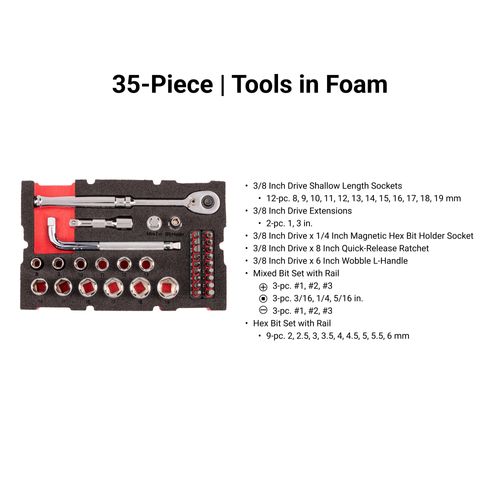Main product image of 3/8" Drive 6-Point Socket, Bit, and Ratchet Set w/ Mini Stacking Tool Box, 35-Piece (8 - 19mm)