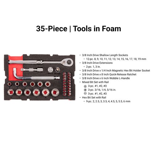 Main product image of 3/8" Drive 12-Point Socket, Bit, and Ratchet Set w/ Mini Stacking Tool Box, 35-Piece (8 - 19mm)