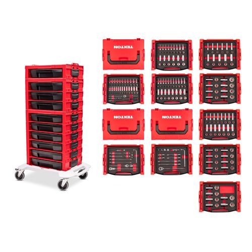 Main product image of 1/4", 3/8", 1/2" Drive Shallow and Deep 12-Point Socket and Ratchet Set in Modular Stacking Tool Cart, 250-Piece (5/32"- 1-1/2", 4 - 38mm)