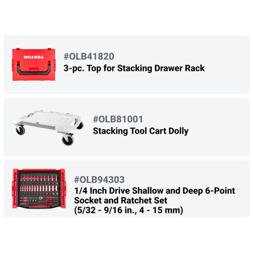 Main product image of 1/4", 3/8", 1/2" Drive Shallow and Deep 12-Point Socket and Ratchet Set in Modular Stacking Tool Cart, 250-Piece (5/32"- 1-1/2", 4 - 38mm)