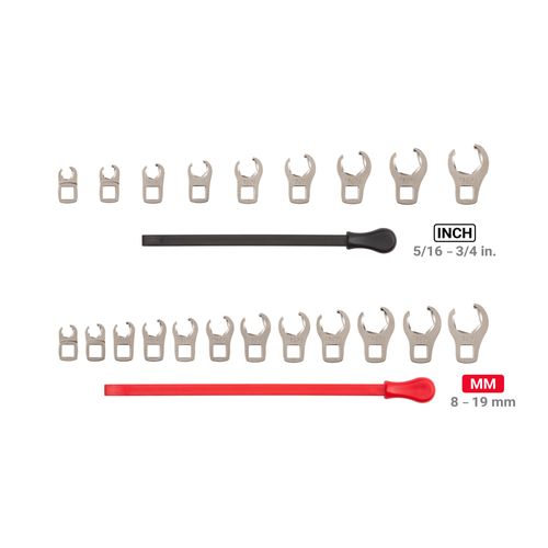 Main product image of 3/8" Drive 6-Point Flare Nut Crowfoot Wrench Set with Key, 21-Piece (5/16-3/4", 8-19mm)
