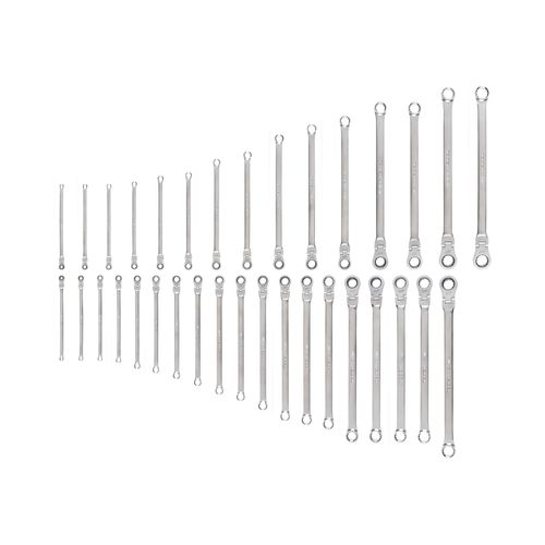 Main product image of Long Fixed/Flex Head 12-Point Ratcheting Box End Wrench Set, 34-Piece (1/4-1", 6-24 mm)
