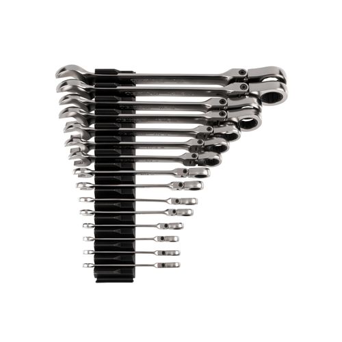 Main product image of Flex Head 12-Point Ratcheting Combination Wrench Set with Modular Wrench Organizer, 15-Piece (1/4-1")