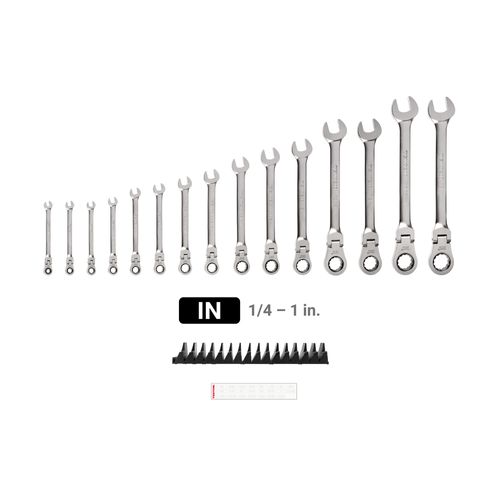 Main product image of Flex Head 12-Point Ratcheting Combination Wrench Set with Modular Wrench Organizer, 15-Piece (1/4-1")