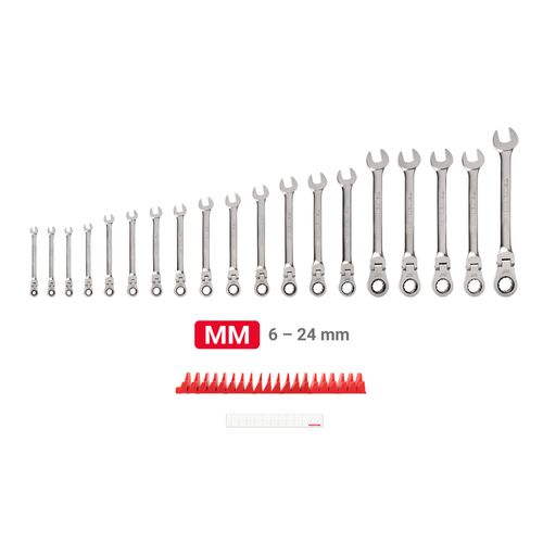 Main product image of Flex Head 12-Point Ratcheting Combination Wrench Set with Modular Wrench Organizer, 19-Piece (6-24mm)