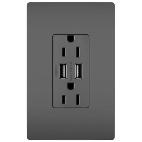 Main product image of 3.1A USB Chargers w/ Tamper-Resistant Duplex 15A Receptacles - Black (15A, 125V)