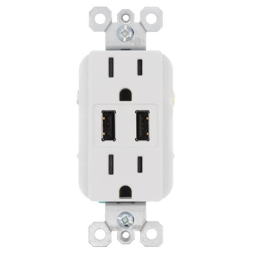 Main product image of 3.1A USB Chargers w/ Tamper-Resistant Duplex 15A Receptacles - White (15A, 125V)