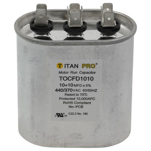 Main product image of 10/10 MFD Oval Dual Motor Run Capacitor (440/370V)