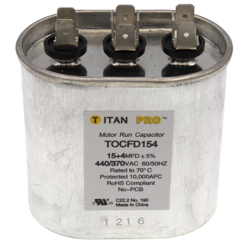 Main product image of 15/4 MFD Oval Dual Motor Run Capacitor (440/370V)