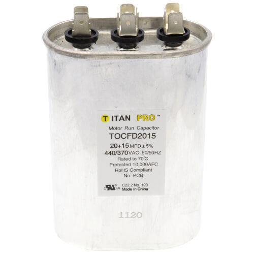 Main product image of 20/15 MFD Oval Dual Motor Run Capacitor (440/370V)